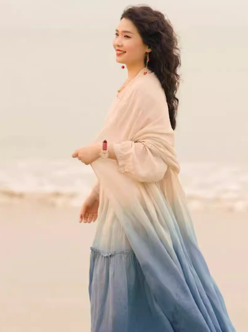 Ombre Ramie Maxi Dress with Gathered Tiers and Poet Sleeves