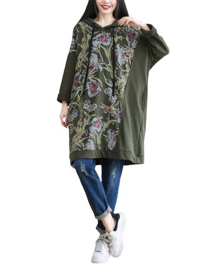 Women's Cool & Stylish Printed Mid-Length Side Pockets Hooded Dress