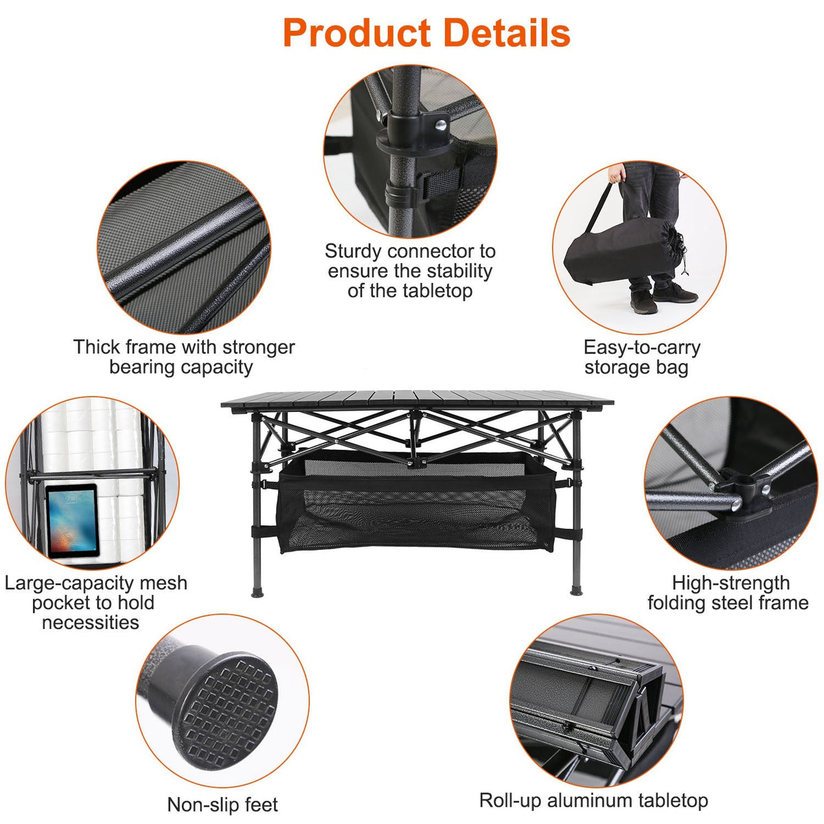 Folding Aluminum Camping Table with Mesh Storage Basket