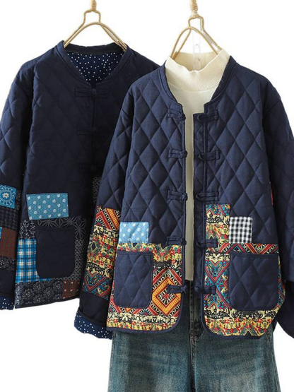 Patchwork Quilted Mandarin-Collar Jacket in Cotton & Flax, Women's Outerwear