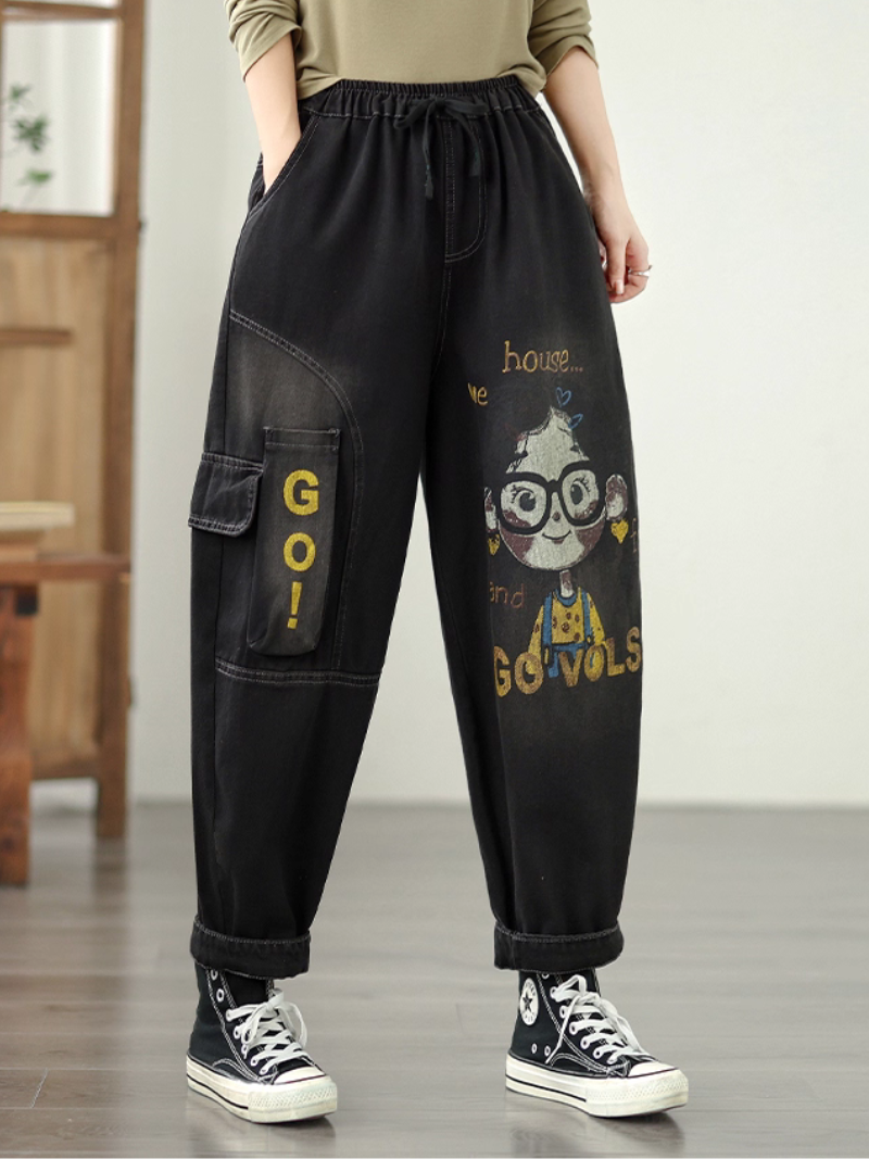 Playful Graphic Relaxed Women's Denim Pants with Elastic Waist and Pockets
