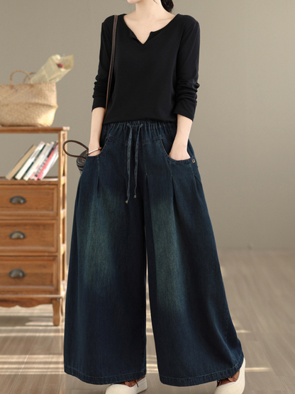 Relaxed Wide-Leg Denim Cotton Palazzo Pants with Drawstring Waist and Deep Pockets