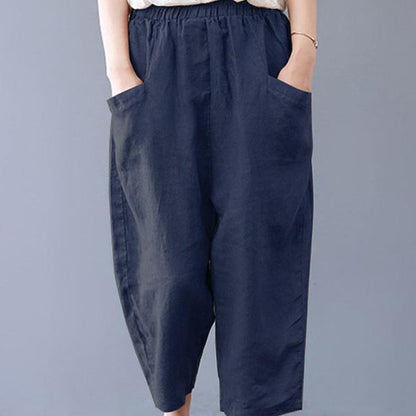 Plus Size Women Cotton Loose Harem Pants with Pockets