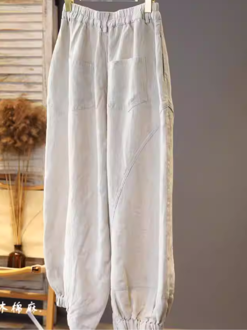 Relaxed Lantern Cotton Linen Pants with Elastic Cuffs, Effortless Summer Chic