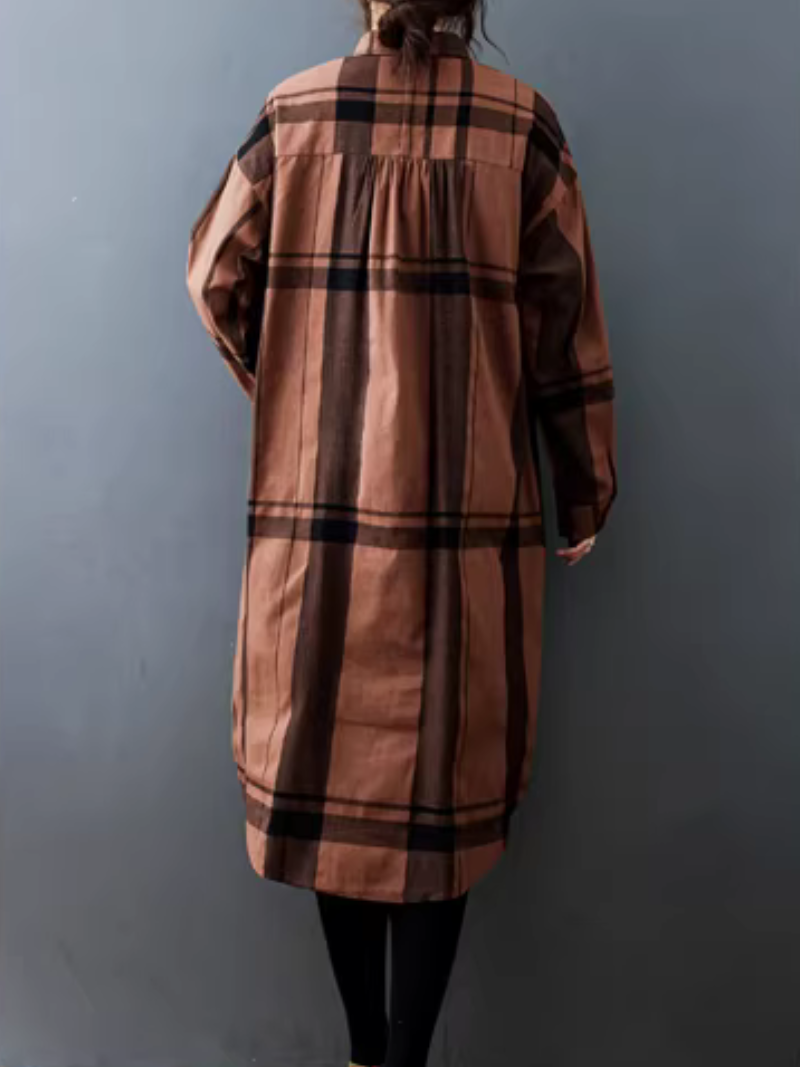 Women’s Relaxed Check Shirt Dress in Cotton Blend, Button-Down Midi