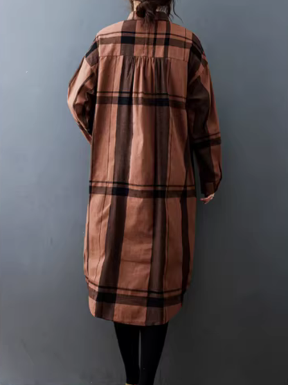 Women’s Relaxed Check Shirt Dress in Cotton Blend, Button-Down Midi