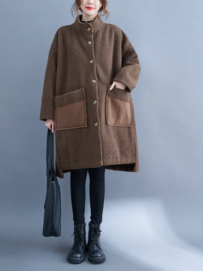 Oversized Lambskin Shearling Coat with Stand Collar and Contrast Patch Pockets