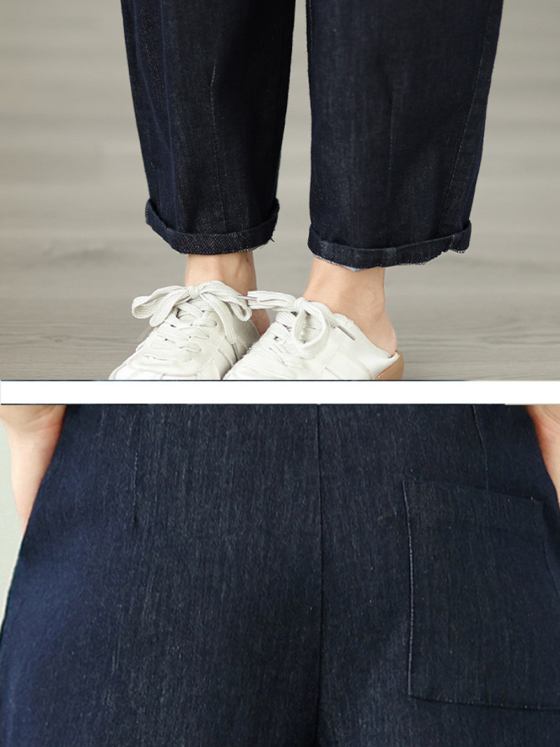 Relaxed Tapered Women's Denim Pants in Cotton with Drawstring Waist