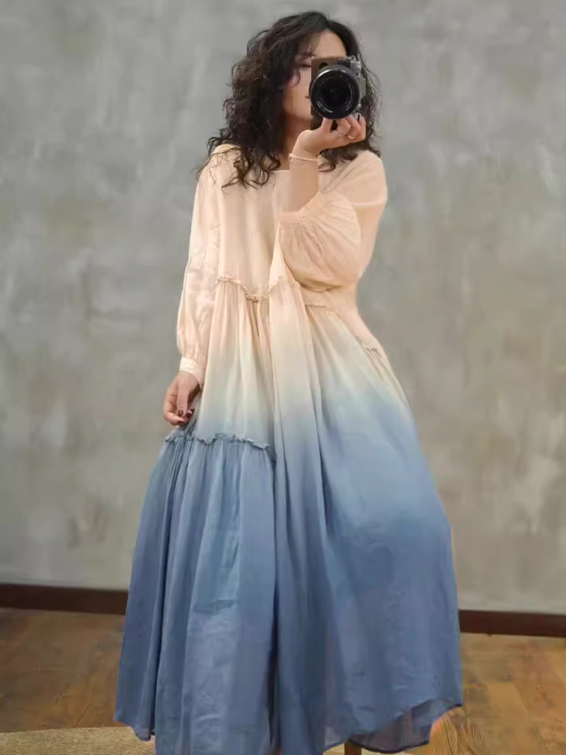 Ombre Ramie Maxi Dress with Gathered Tiers and Poet Sleeves