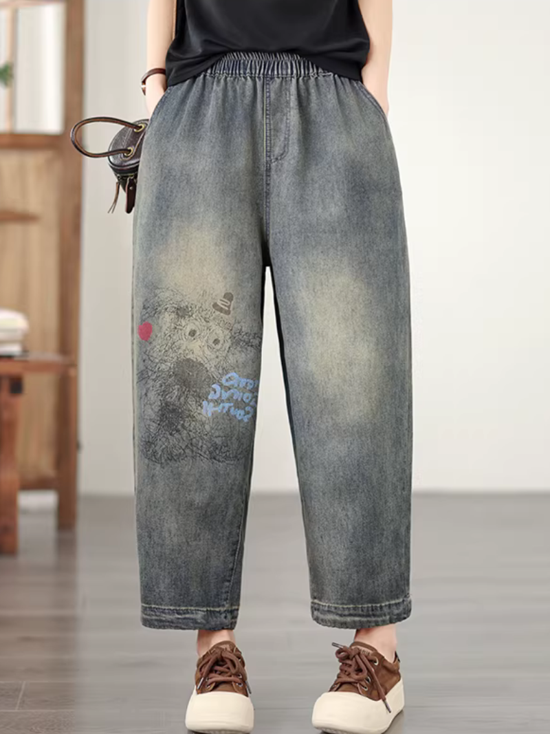 Relaxed Harem Denim Pants in Soft Denim Cotton with Elastic Waist