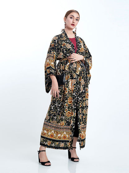Partywear Floral Print Black Color Cotton Long Length Gown Kimono Duster Robe