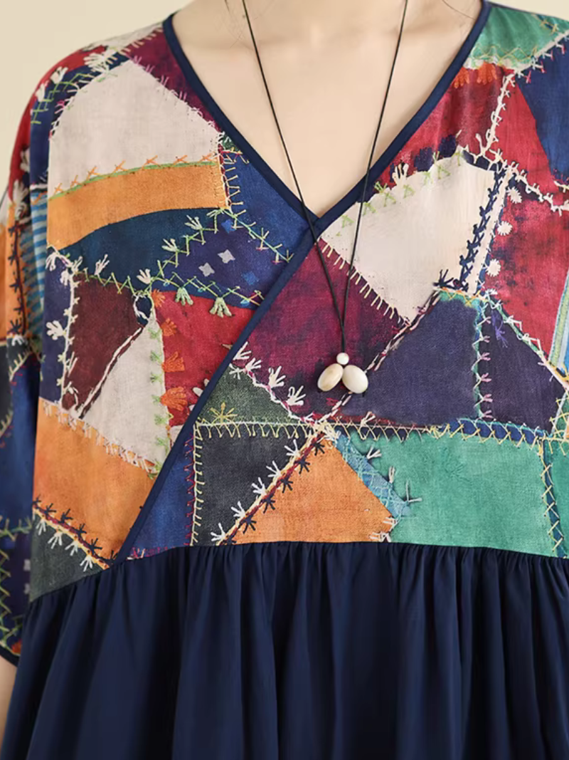 Patchwork V-Neck Boho Maxi Dress in Soft Viscose Blend Elegance