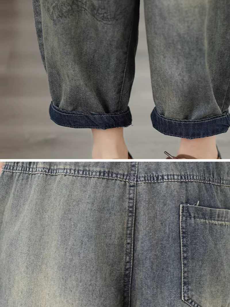 Relaxed Harem Denim Pants in Soft Denim Cotton with Elastic Waist
