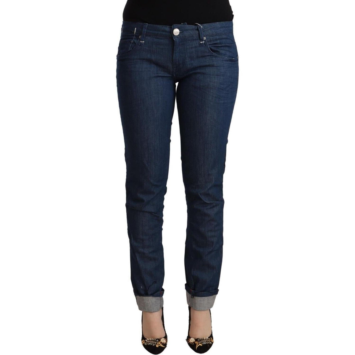 Acht Blue Cotton Low Waist Skinny Denim Folded Hem Jeans