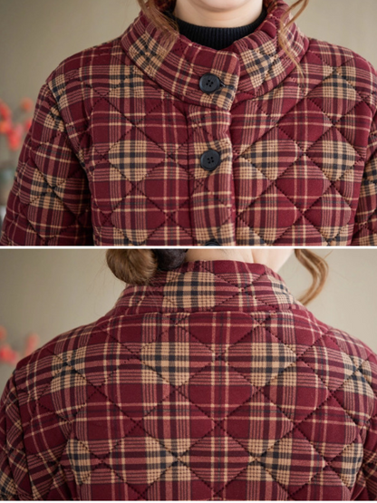 Quilted Plaid Stand-Collar Coat in Cotton&Flax with Patch Pockets Warm