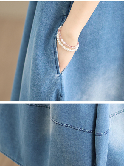 Relaxed V-Neck Denim Dress in Cotton Pinafore Style, Adjustable Midi Silhouette