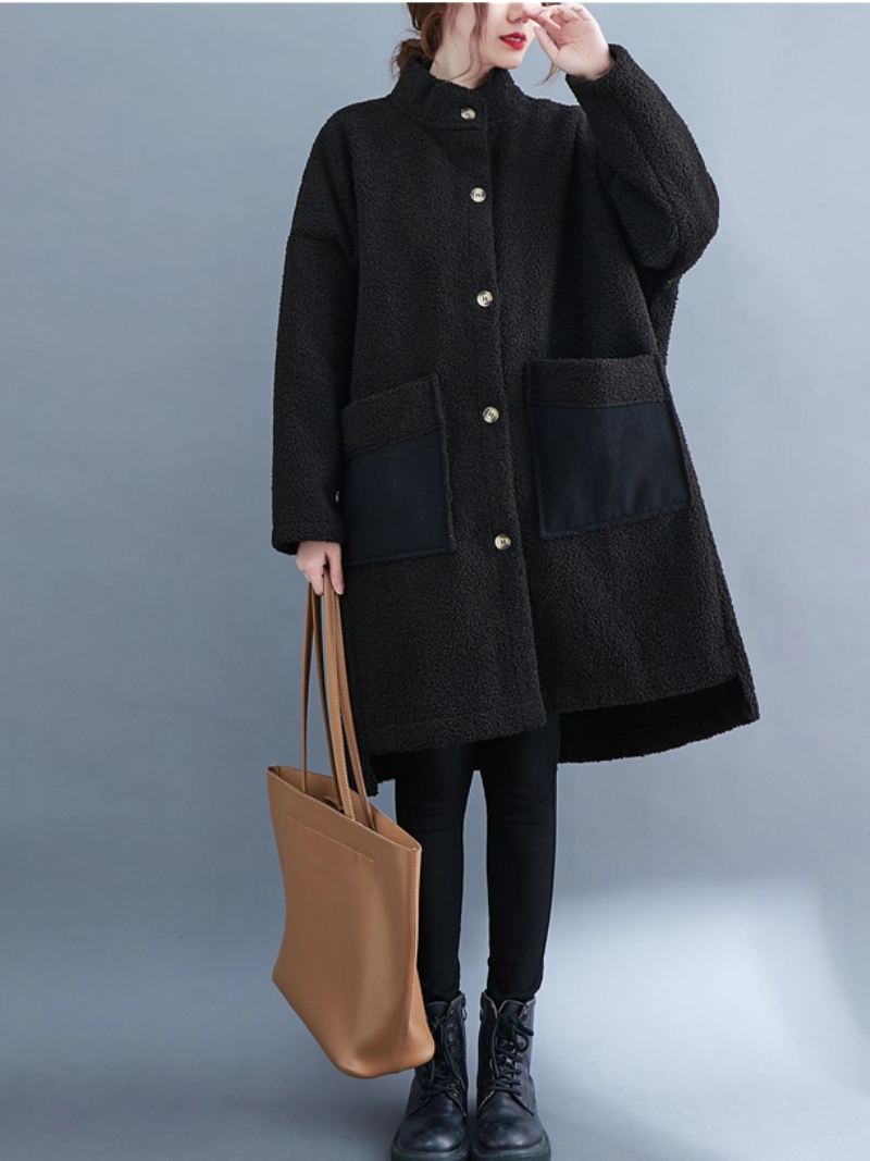 Oversized Lambskin Shearling Coat with Stand Collar and Contrast Patch Pockets