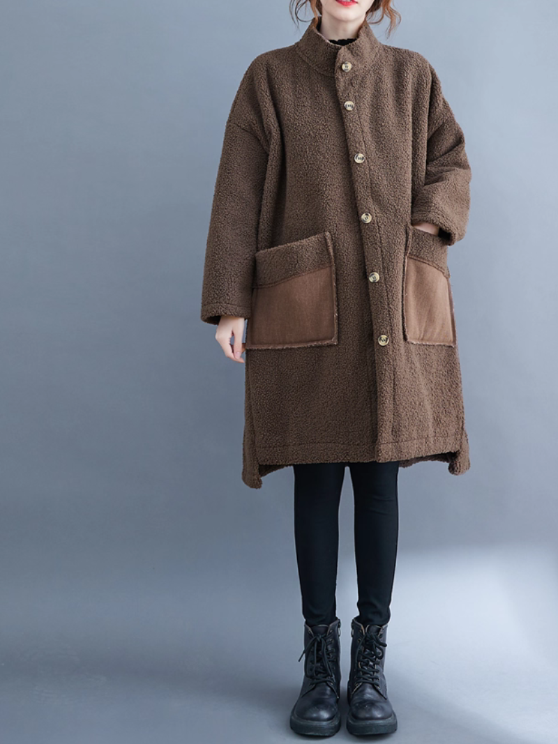 Oversized Lambskin Shearling Coat with Stand Collar and Contrast Patch Pockets