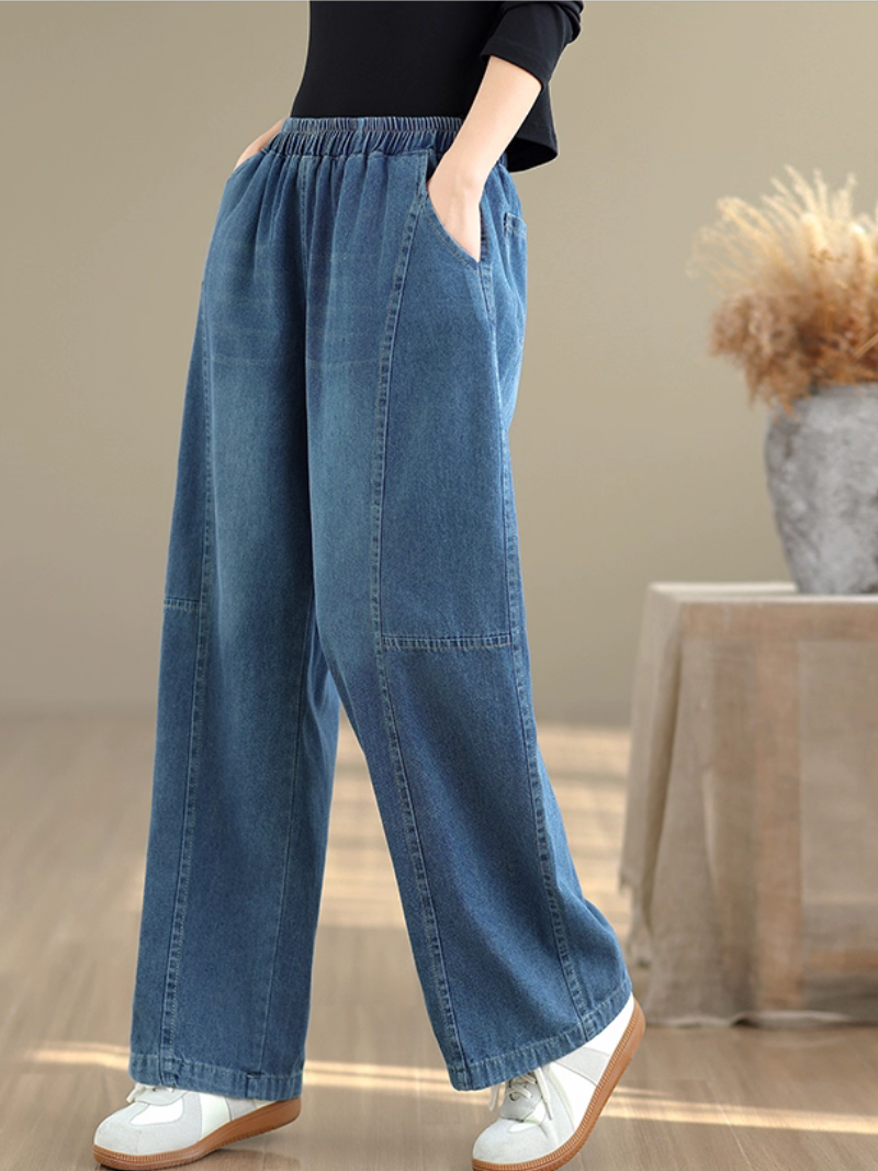 Relaxed Wide-Leg Denim Cotton Pants with Elastic Waist Ease