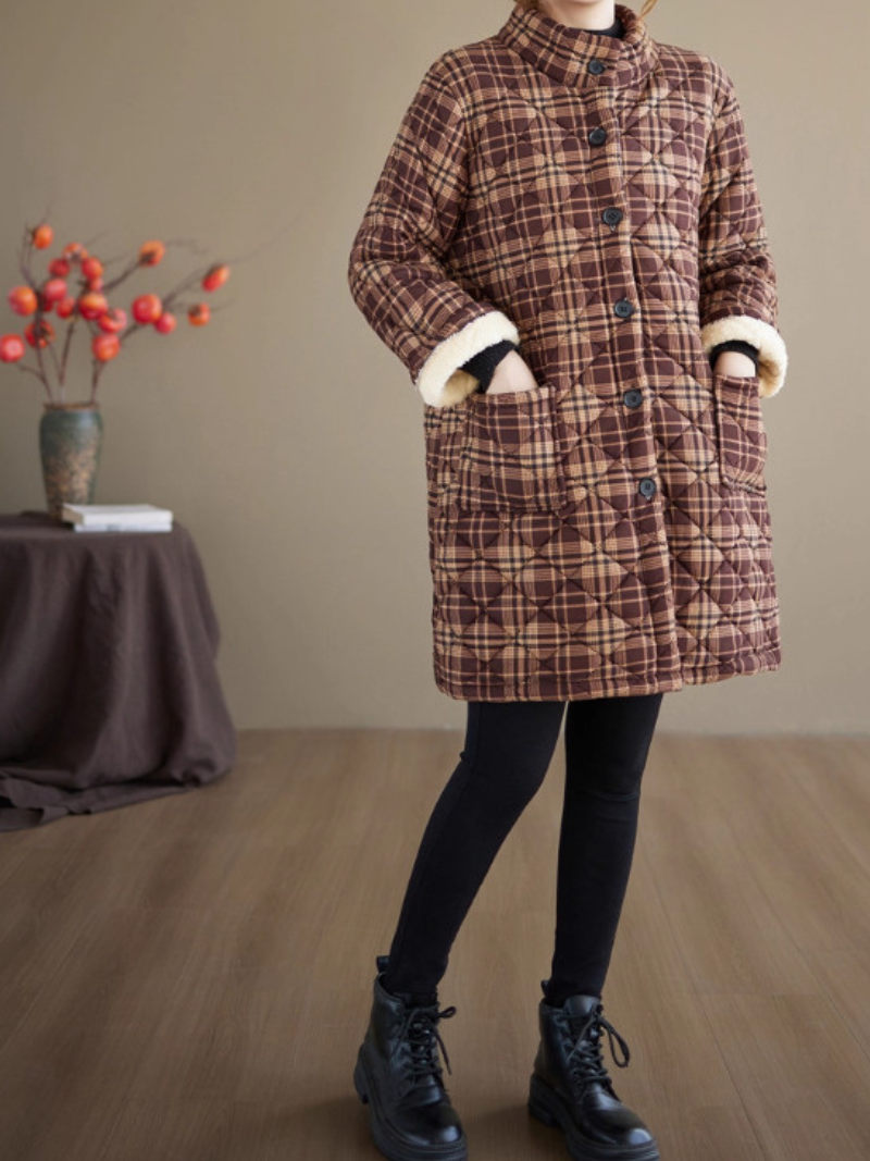 Quilted Plaid Stand-Collar Coat in Cotton&Flax with Patch Pockets Warm