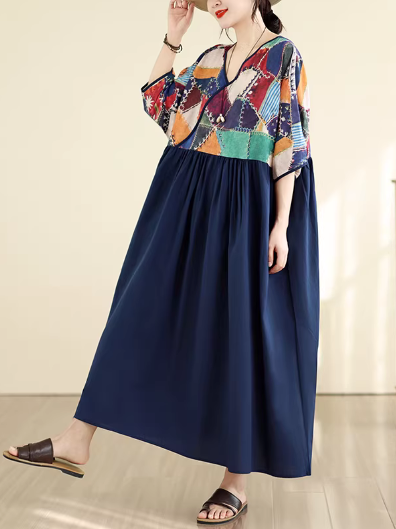 Patchwork V-Neck Boho Maxi Dress in Soft Viscose Blend Elegance
