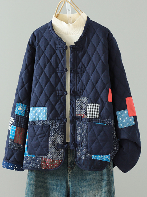 Patchwork Quilted Mandarin-Collar Jacket in Cotton & Flax, Women's Outerwear