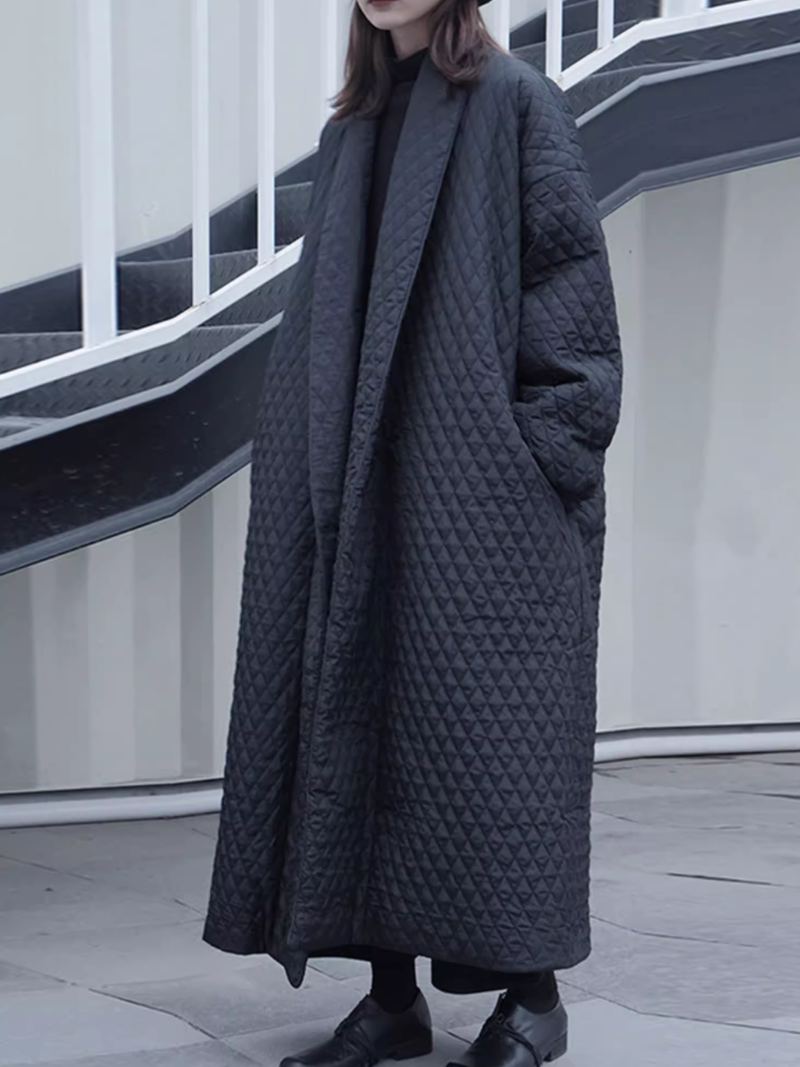 Oversized Quilted Duster Coat in Minimal Silhouette, Luxe Winter Essential