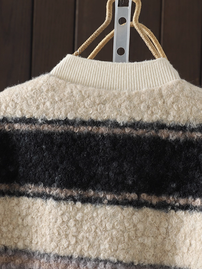 Striped Button-Front Sherpa Vest with Piped Pockets for Women, Cozy Layer
