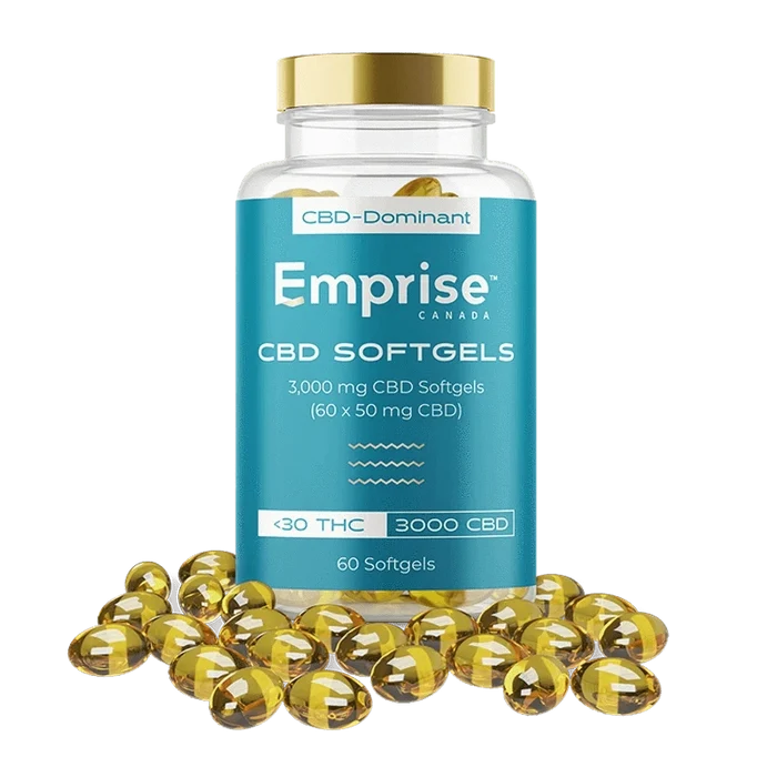 A close-up shot of 3 000 CBD Softgels, appearing as golden, translucent capsules arranged in a compact pile.