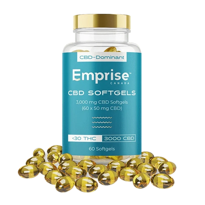 A close-up shot of 3 000 CBD Softgels, appearing as golden, translucent capsules arranged in a compact pile.