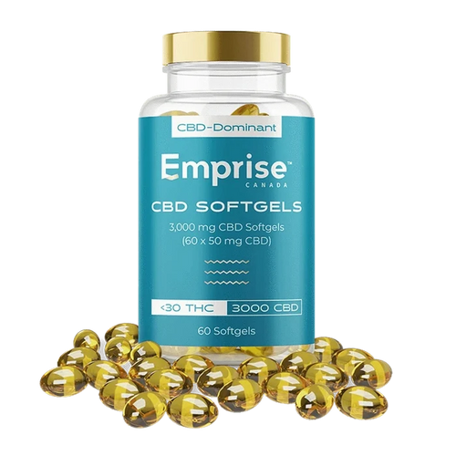 A close-up shot of 3 000 CBD Softgels, appearing as golden, translucent capsules arranged in a compact pile.