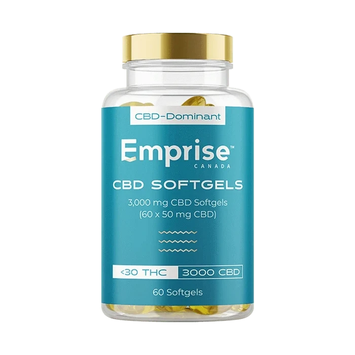 Front view of the 3 000 CBD Softgels in a clear bottle with a white label, set against a plain white background.