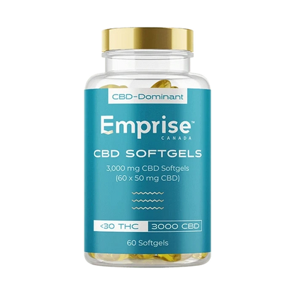 Front view of the 3 000 CBD Softgels in a clear bottle with a white label, set against a plain white background.