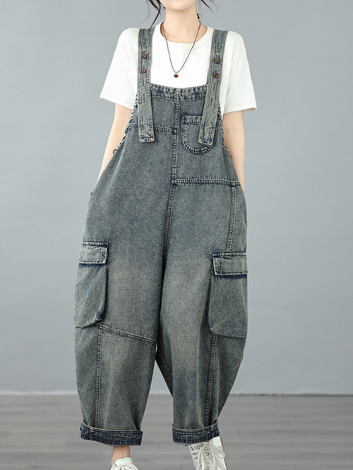 Relaxed Utility Denim Overalls with Cargo Pockets and Adjustable Straps for Women