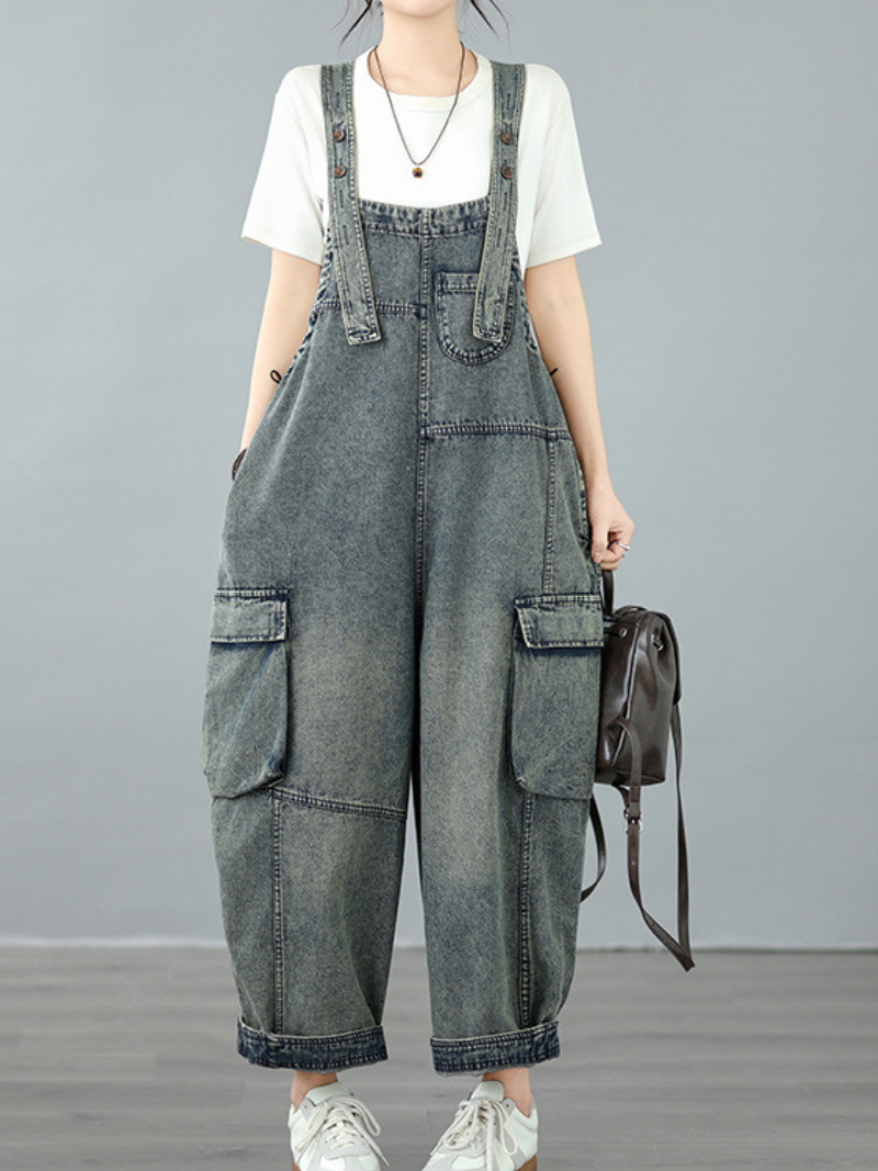 Relaxed Utility Denim Overalls with Cargo Pockets and Adjustable Straps for Women