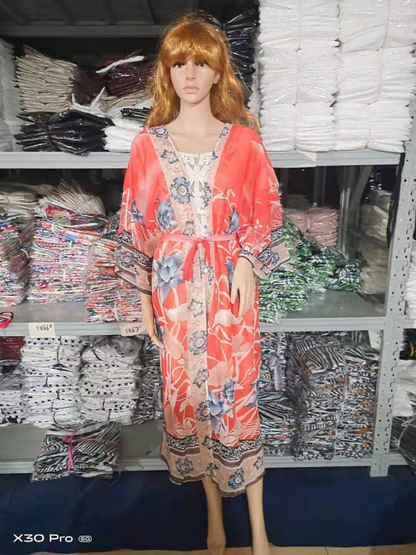 Partywear Floral Print Long Length Orange Color Cotton Gown Robe Kimono
