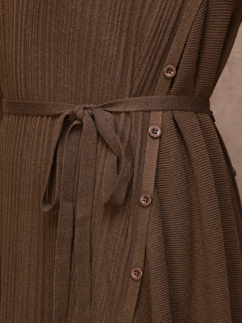Solid Color Collar A-Line Dress with Thin Belt for Women