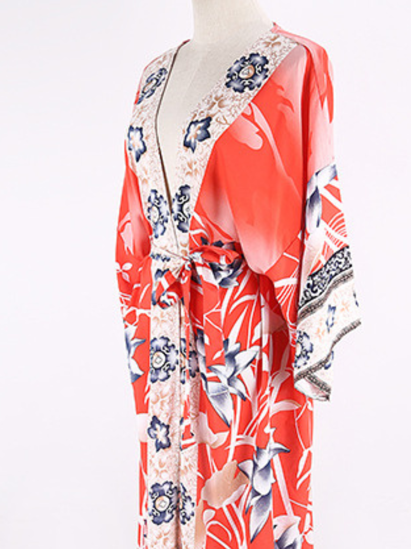 Partywear Floral Print Long Length Orange Color Cotton Gown Robe Kimono