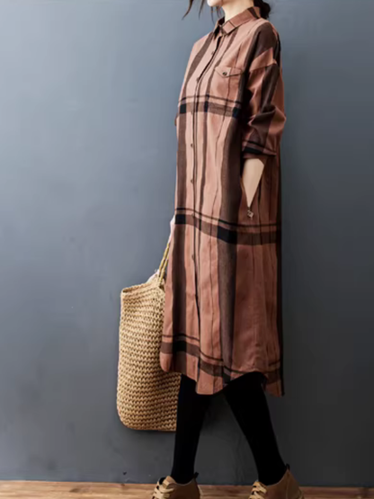 Women’s Relaxed Check Shirt Dress in Cotton Blend, Button-Down Midi