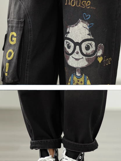 Playful Graphic Relaxed Women's Denim Pants with Elastic Waist and Pockets