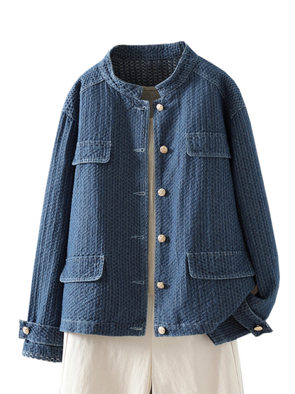 Textured Denim Cotton Women’s Denim Jacket with Gold Buttons, Relaxed Shacket