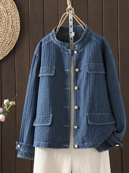 Textured Denim Cotton Women’s Denim Jacket with Gold Buttons, Relaxed Shacket