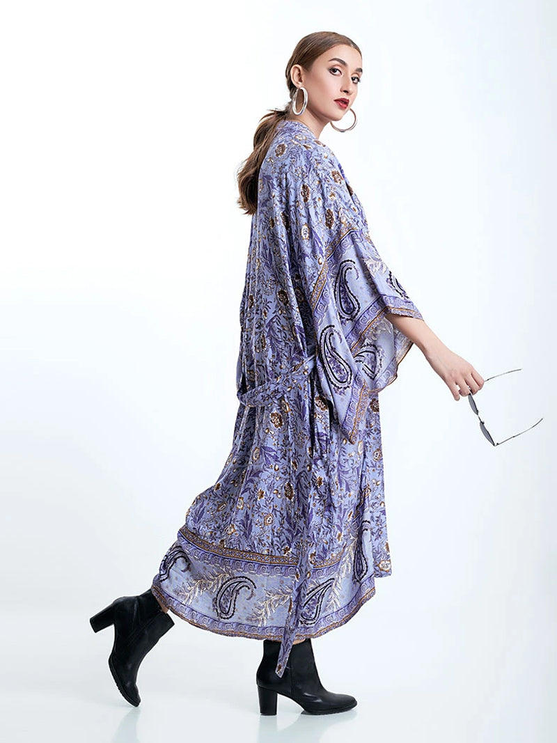 Partywear Floral With Birds Print Purple Color Cotton Long Length Gown Kimono Duster Robe