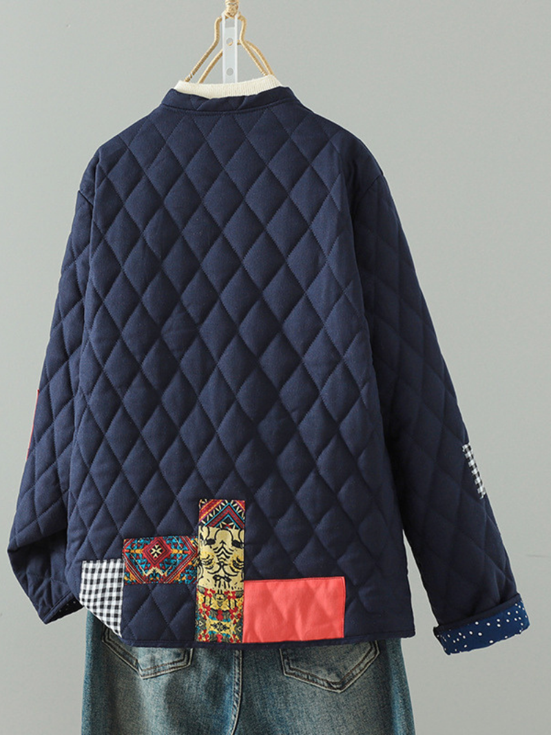 Patchwork Quilted Mandarin-Collar Jacket in Cotton & Flax, Women's Outerwear