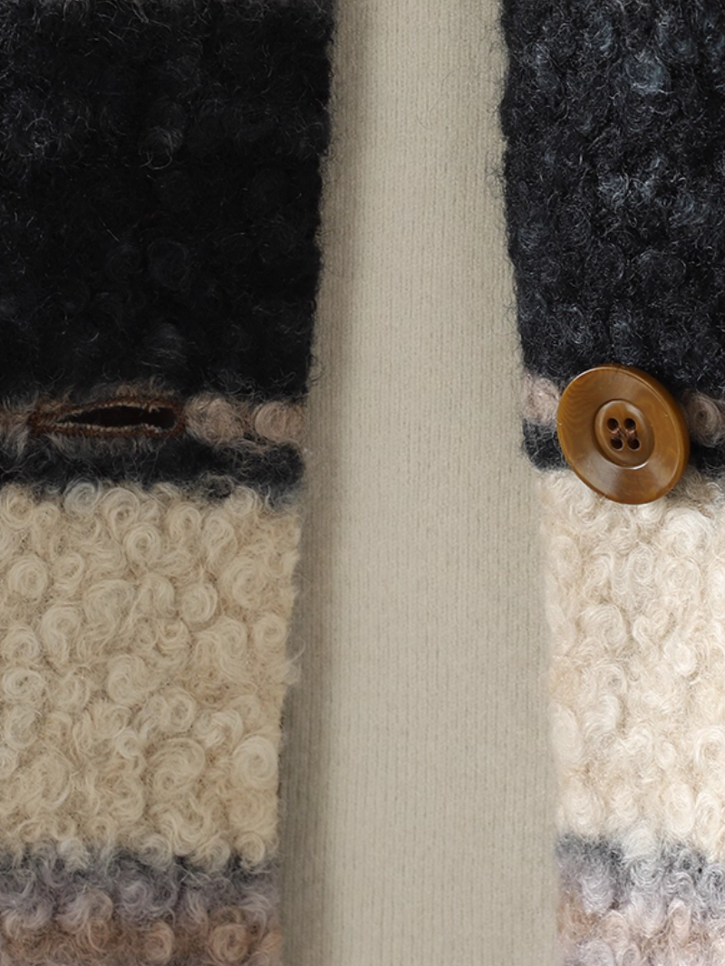 Striped Button-Front Sherpa Vest with Piped Pockets for Women, Cozy Layer