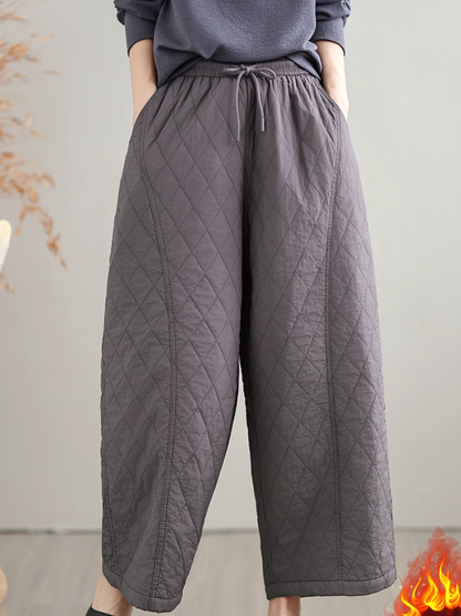 Women's Quilted Wide-Leg Cotton Blend Winter Pants with Drawstring Waist