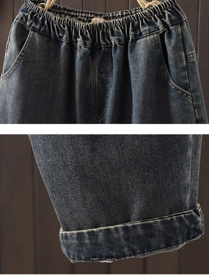 Women's  Perfect Retro Jeans Embroidered  Patch Loose Bottom