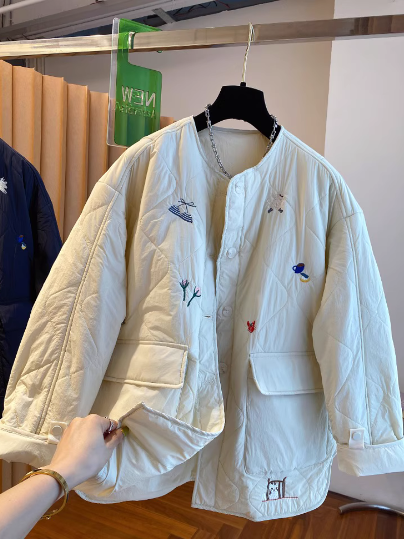 Chic Quilted Jacket, Embroidered Oversized Silhouette with Patch Pockets, Cotton-Poly