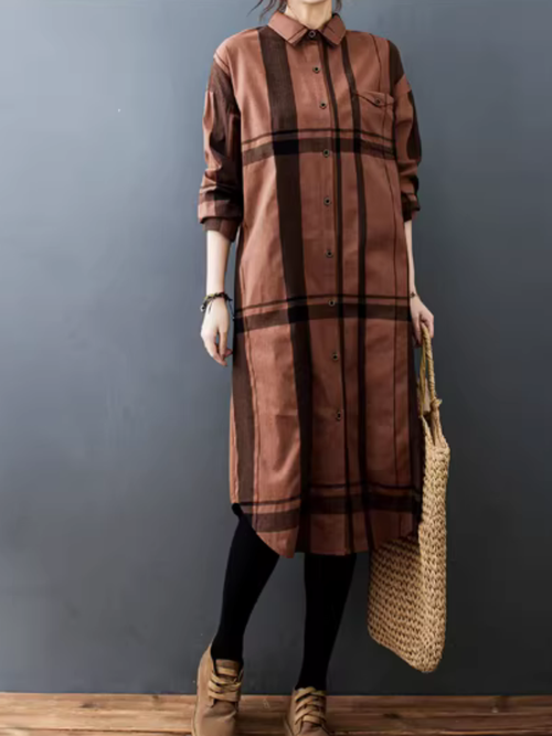 Women’s Relaxed Check Shirt Dress in Cotton Blend, Button-Down Midi