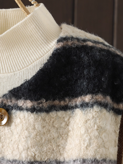 Striped Button-Front Sherpa Vest with Piped Pockets for Women, Cozy Layer
